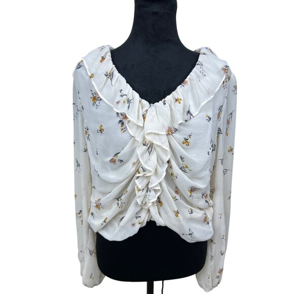 Astr The Label Ruched Blouse Peasant Top Women's Size L Floral White Balloon Lon - Picture 4 of 8